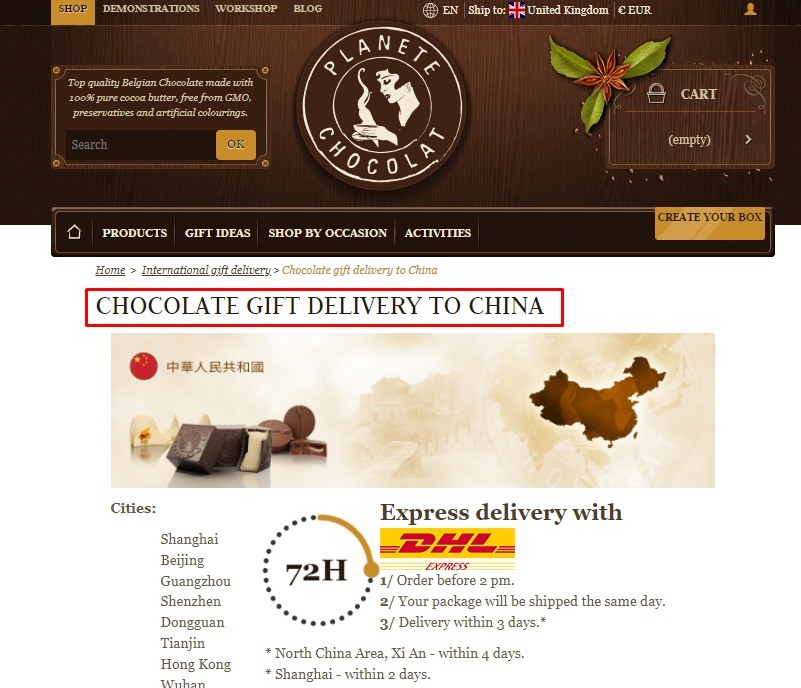 Screenshot of Planete Chocolat delivery to China page