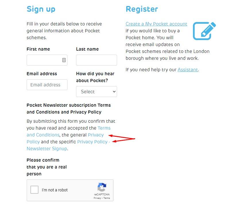 Pocket Living Newsletter sign-up form page with Privacy Policy links highlighted