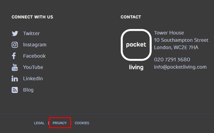Pocket Living website footer with Privacy Policy link highlighted