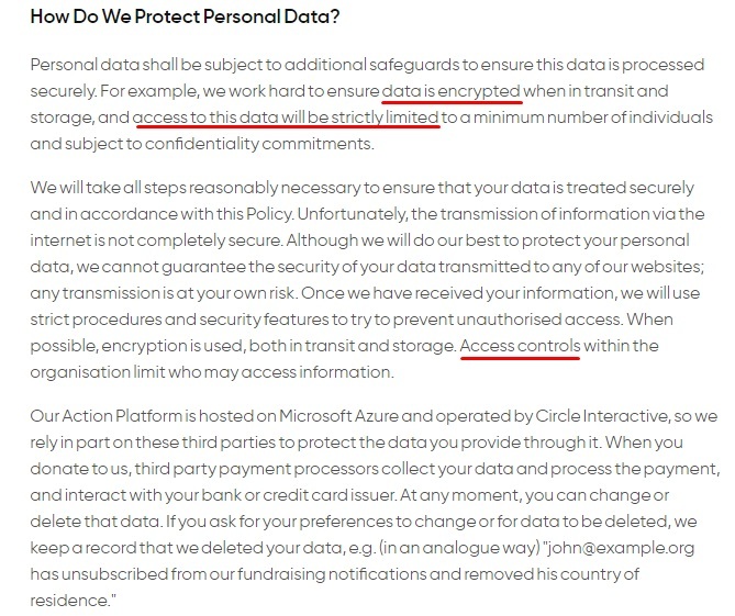 Privacy International Privacy Policy: How Do We Protect Personal Data clause