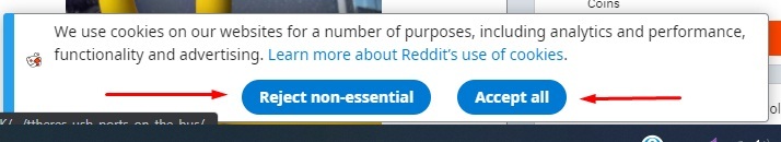 Reddit cookie consent notice with accept and reject buttons highlighted