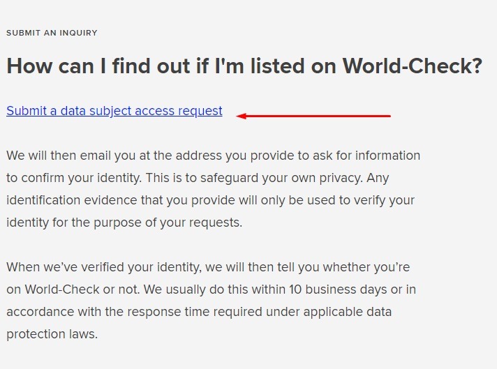 Refinitiv: How to find out if listed on World-Check section - Submit a data subject access request link highlighted