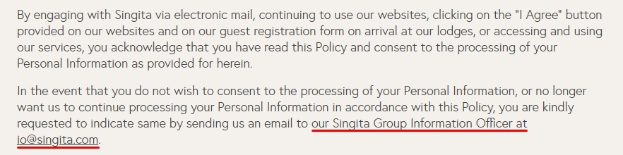 Singita Privacy Policy: Introduction clause - Information Officer contact information highlighted