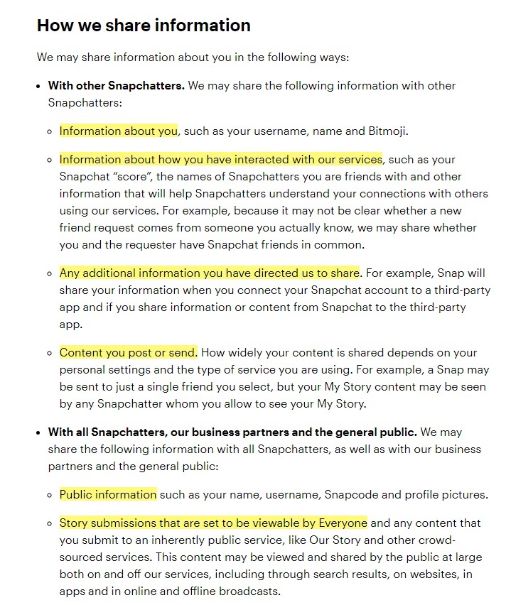 Snap Privacy Policy: How we share information clause excerpt