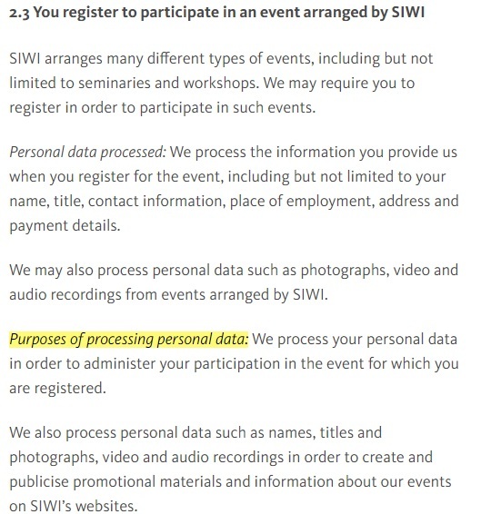 Stockholm International Water Institute: Processing Personal Data - Register for events clause