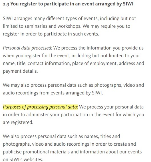 Stockholm International Water Institute: Processing Personal Data - Register for events clause