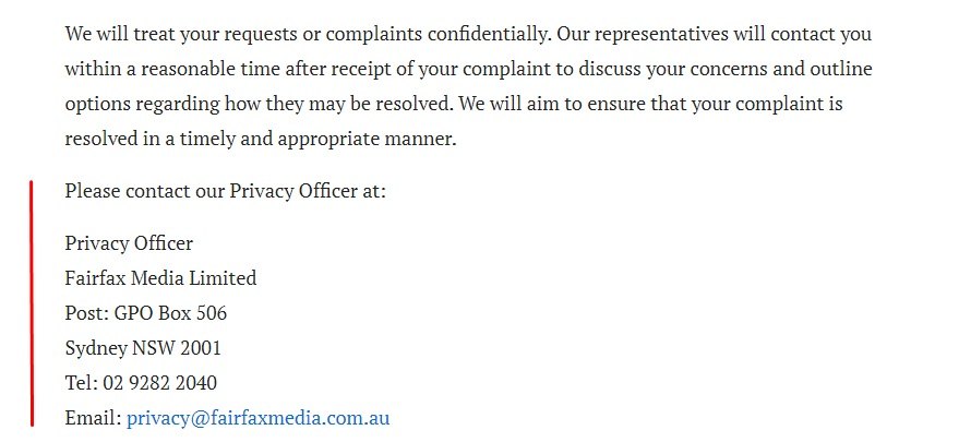 Sydney Morning Herald Privacy Policy: Contact Privacy Officer clause