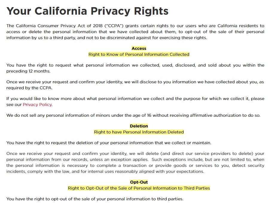 Aramark California Privacy Rights page excerpt