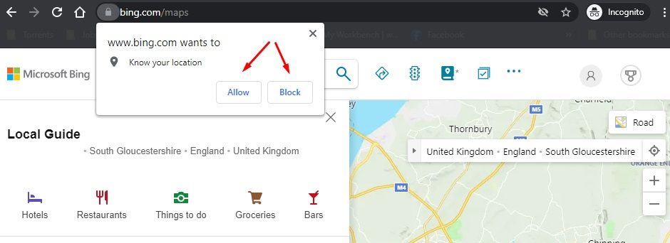 Bing Maps Know your Location consent request pop-up box