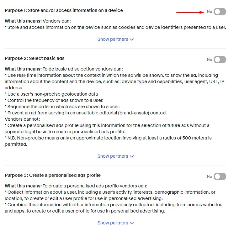 eBay cookie consent settings options with toggle button highlighted