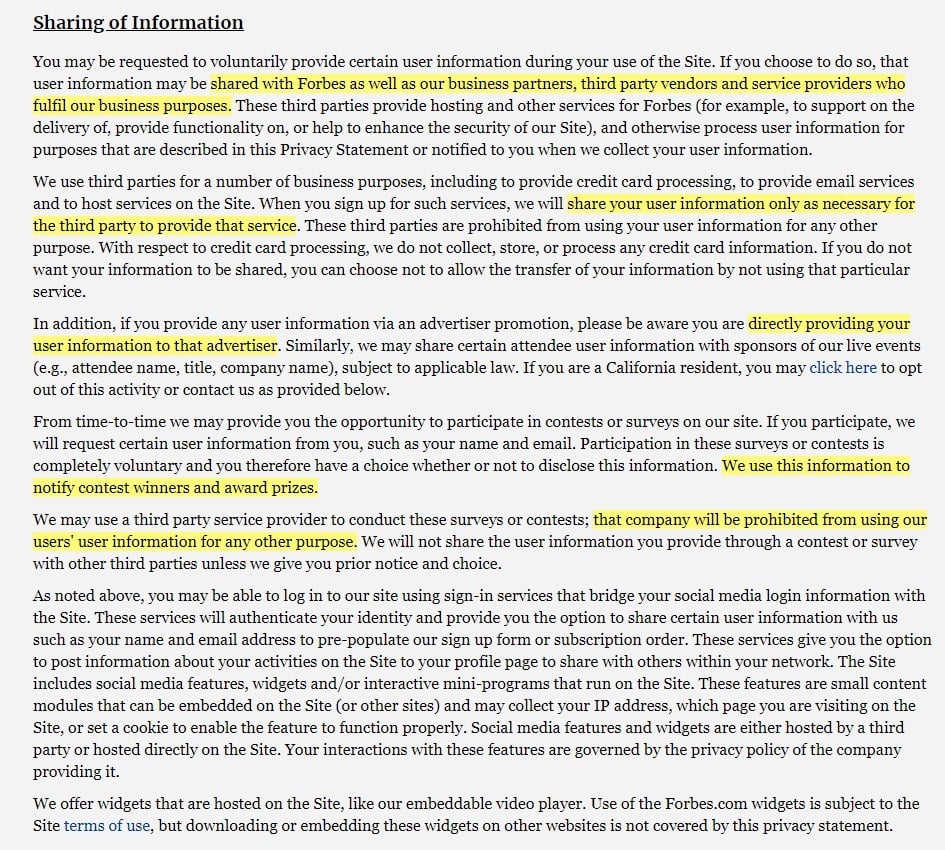 Forbes Privacy Policy: Sharing of Information clause