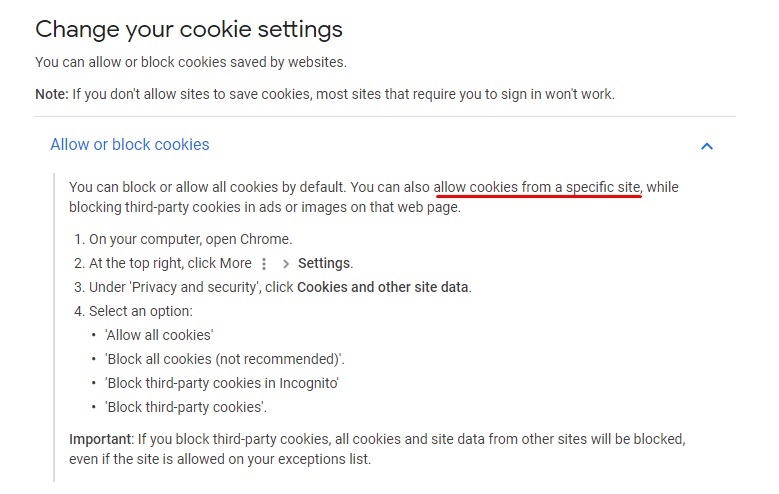 Google Clear, enable and manage cookies in Chrome: Change your cookie settings section