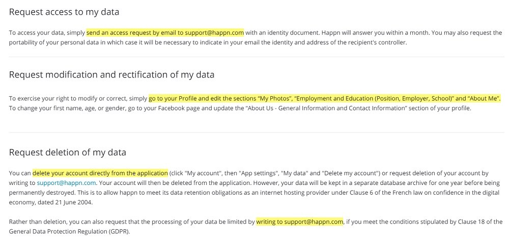 Happn Exercise Your Rights page: Access, modification, rectification and deletion of data clauses