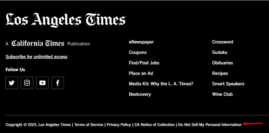 LA Times website footer with Do Not Sell My Personal Information link highlighted