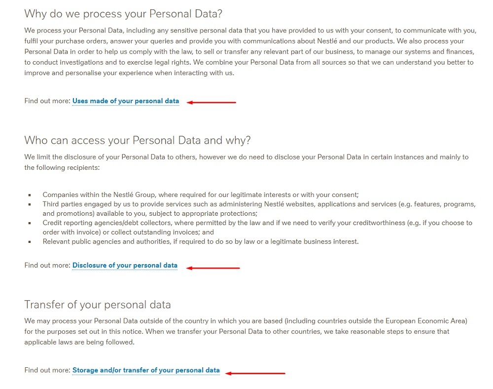 Nestle Privacy Policy: excerpt with More Information links highlighted