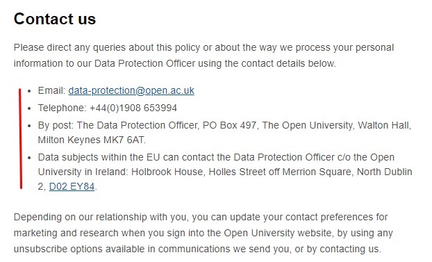 Open University Privacy Policy: Contact clause