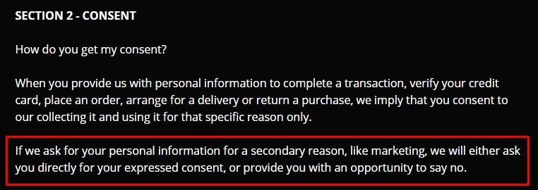 Paradise Cycles Privacy Policy: Consent clause excerpt