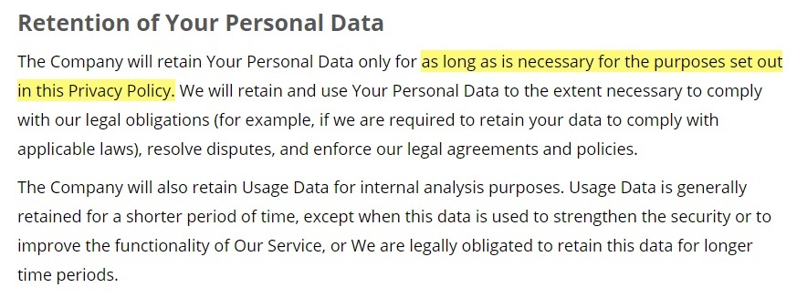 Rotary Club of Anaheim Privacy Policy: Retention of Your Personal Data clause