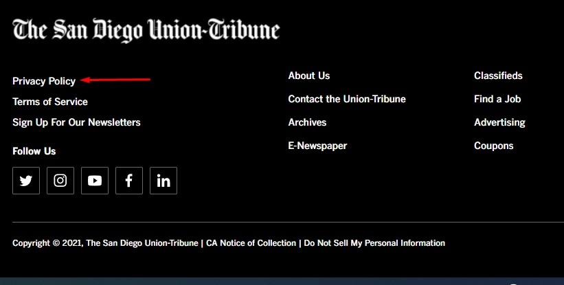 San Diego Union Tribune website footer with Privacy Policy link highlighted