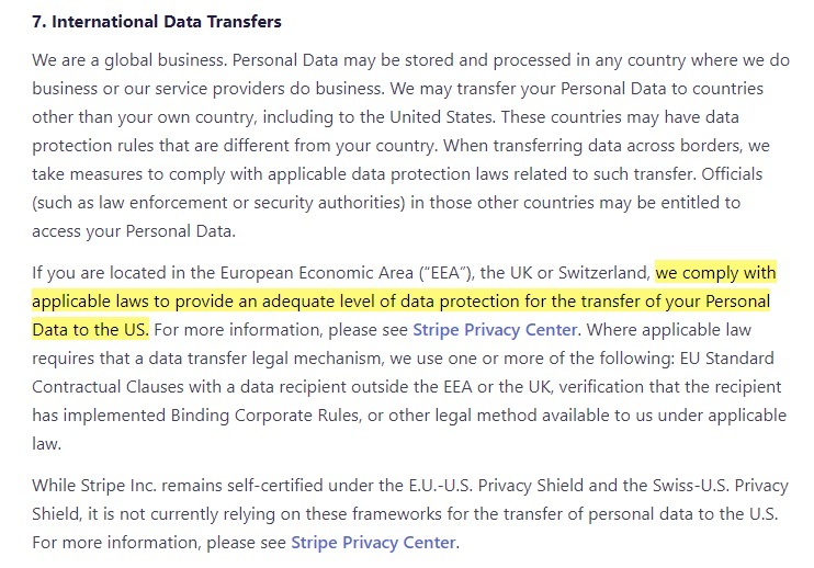 Stripe Privacy Policy: International Data Transfers clause