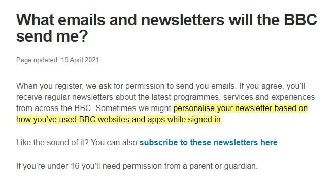 The BBC What emails and newsletters will the BBC send me page with personalise based on use section highlighted