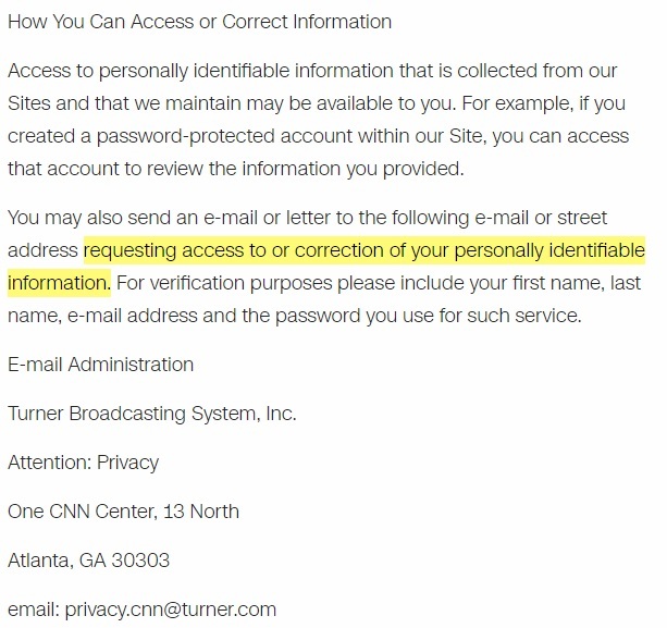 CNN Privacy Policy: How You Can Access or Correct Information clause
