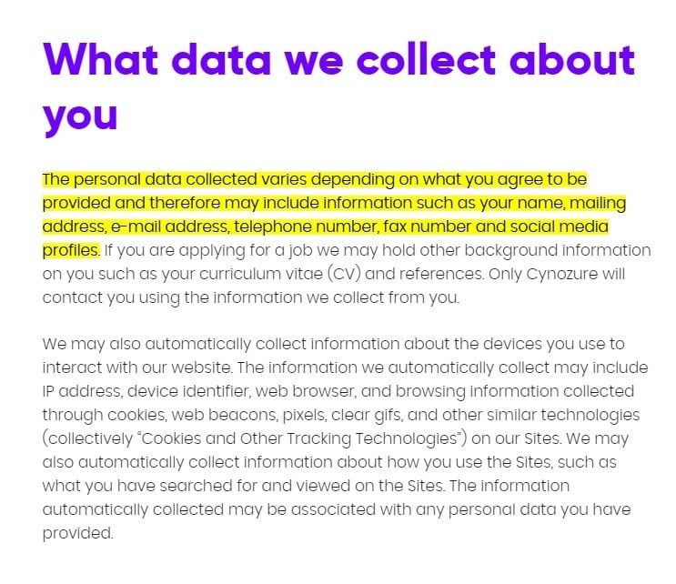 Cynozure Privacy Policy: What data we collect about you clause