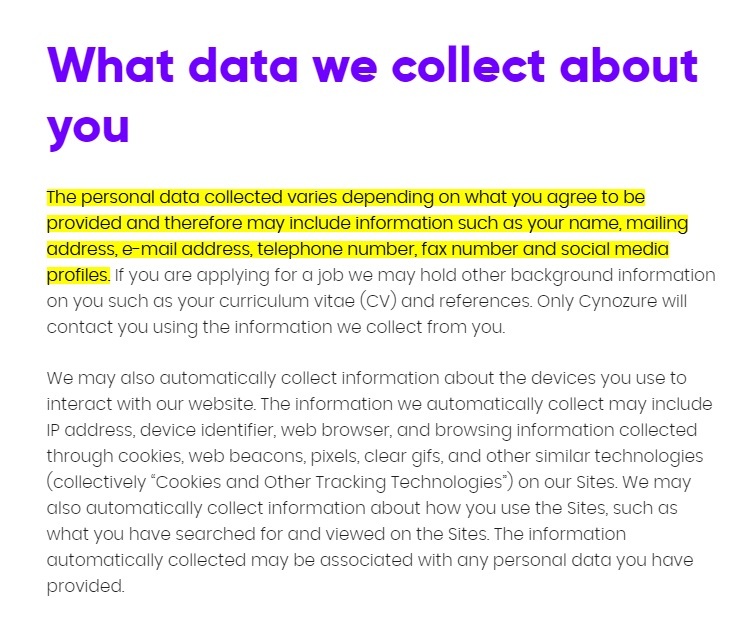 Cynozure Privacy Policy: What data we collect about you clause