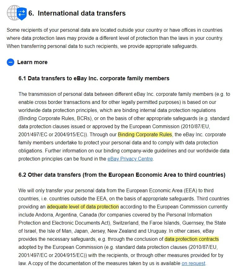 eBay User Privacy Notice: International Data Transfers clause excerpt