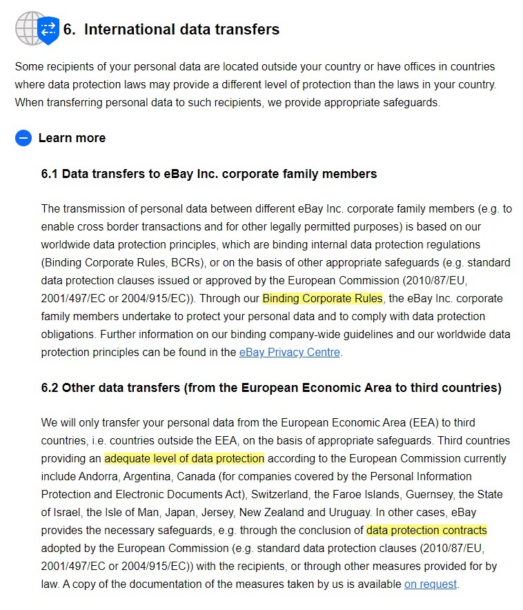 eBay User Privacy Notice: International Data Transfers clause excerpt