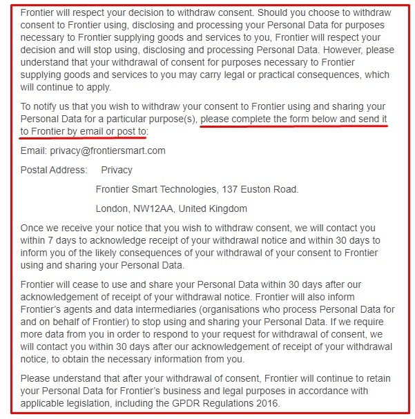 Frontier Withdrawal of Consent Notice and Form page with contact information section highlighted