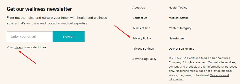 Healthline email newsletter sign-up form with Privacy Policy links highlighted