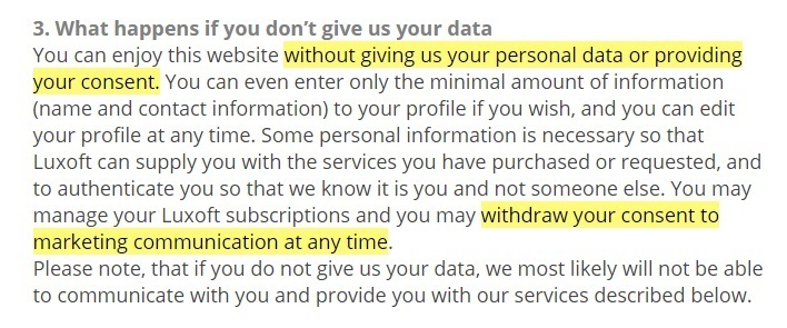 Luxoft Privacy Notice: How we collect and use your personal information clause - What happens if you don't give us your data section