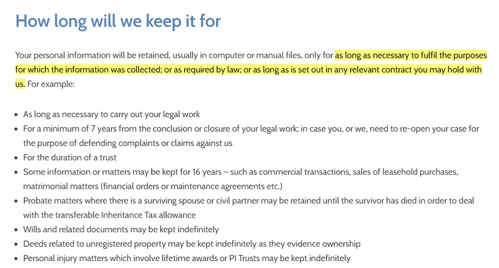 Stephensons Privacy Policy: How long will we keep personal information clause