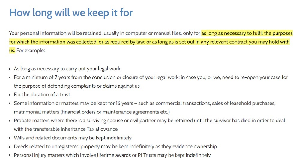 Stephensons Privacy Policy: How long will we keep personal information clause