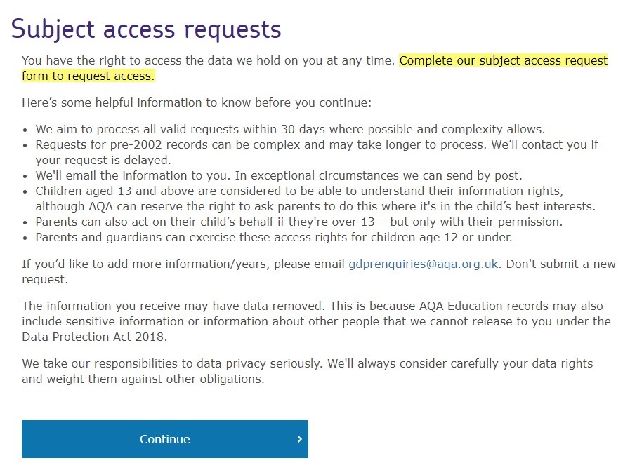 AQA Subject Access Requests page