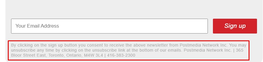 The Financial Post newsletter sign-up form with fine print highlighted