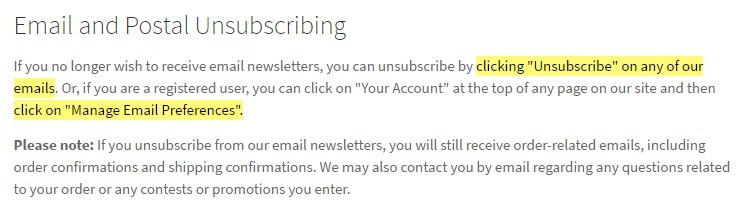 Gap Canada Customer Service: Email and Postal Unsubscribing clause excerpt