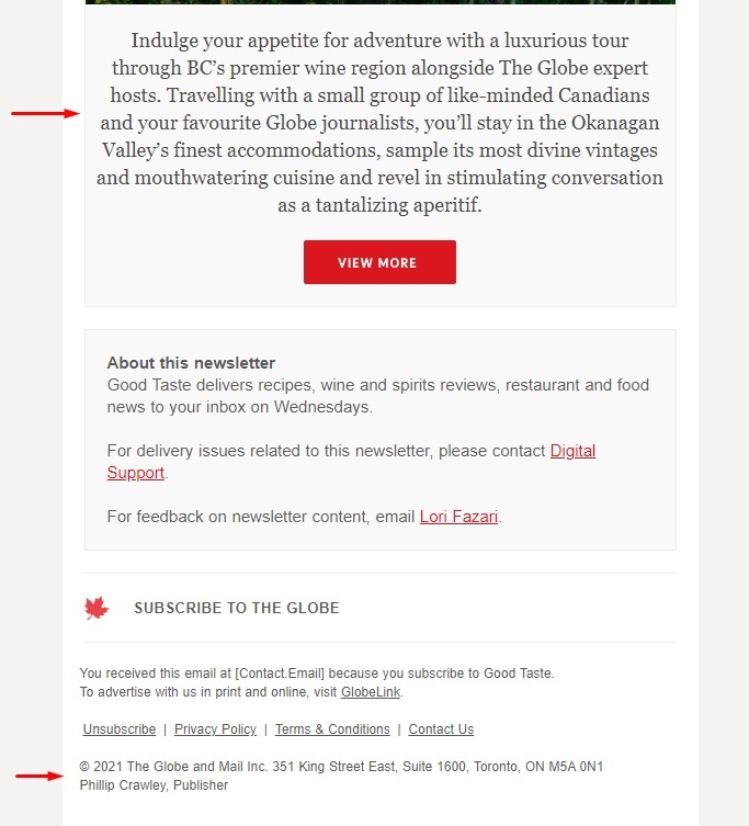 The Globe and Mail promotional email screenshot with contact information highlighted