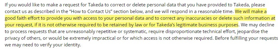 Takeda Privacy Policy: Your Rights - Correct or Delete Personal Data clause