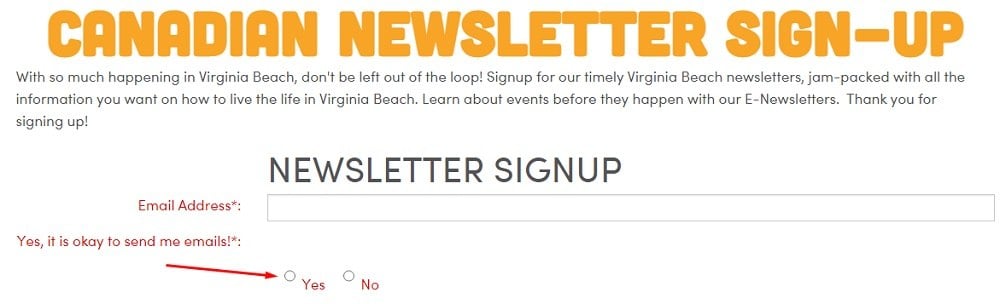 Visit Virginia Beach Canadian email newsletter sign-up form