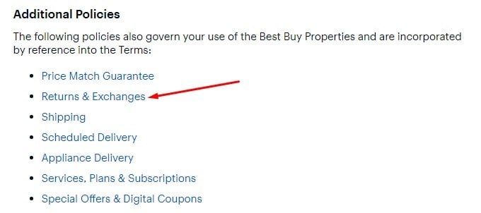 Best Buy Terms and Conditions with Returns and Exchanges link highlighted