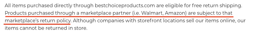 Best Choice Products Returns and Refunds Policy with marketplace partner section highlighted