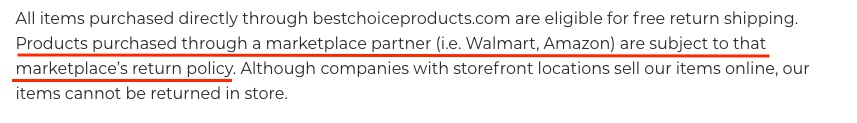 Best Choice Products Returns and Refunds Policy with marketplace partner section highlighted