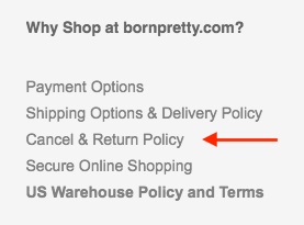 Born Pretty website footer with Cancel and Return Policy link highlighted