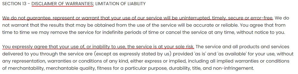 Dog Pawty Terms of Use: Disclaimer of Warranties Limitation of Liability clause excerpt