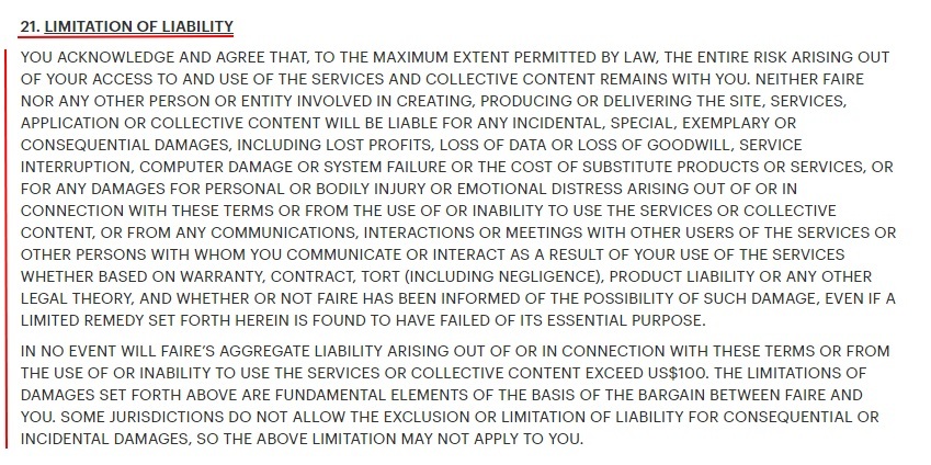 Faire Terms of Service: Limitation of Liability clause
