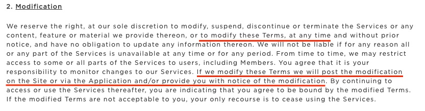 Faire Terms of Service: Modification clause