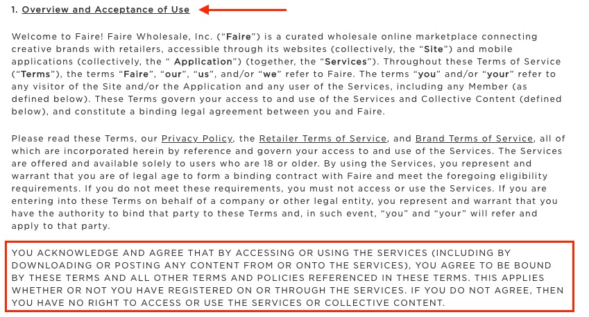 Faire Terms of Service: Overview and Acceptance of Use clause