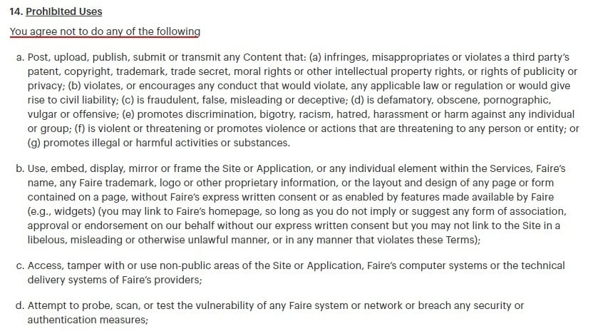 Faire Terms of Service: Prohibited Uses clause excerpt